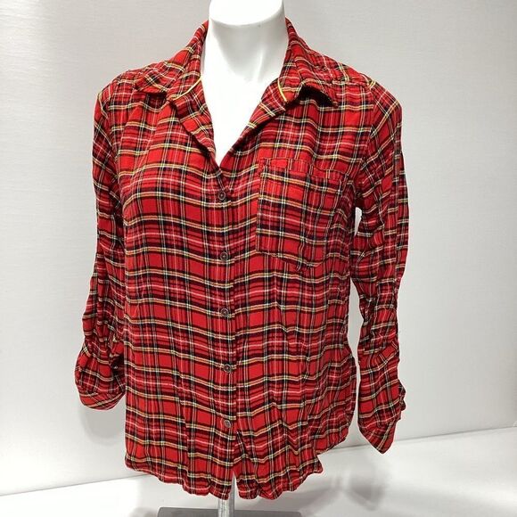 Kut From The Kloth Flannel Print Button Down Red Rayon Women’s Shirt - Picture 7 of 7